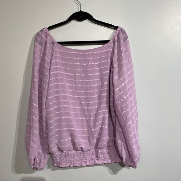 Le Chateau chiffon blouse smocked waist puff sleeve lined soft lilac textured LG - Picture 4 of 11